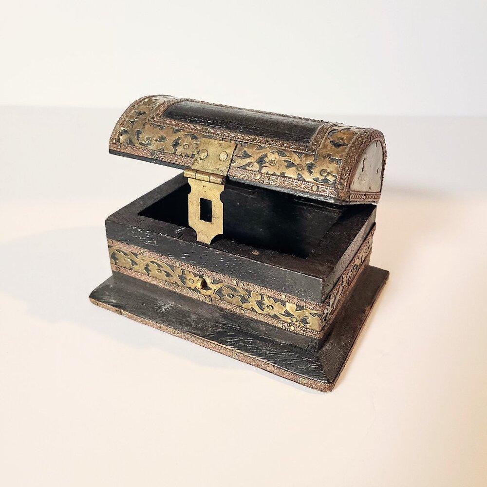 Vintage Hinged Wooden Trinket Box, Domed Lid, Brass Metal Floral Filigree